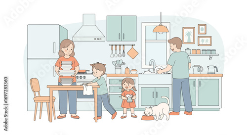 Adobe illustrator artwork vector illustration. A family-parents, children, and a cat-works together in a modern kitchen. A warm scene of shared chores, family bonding, and a happy home