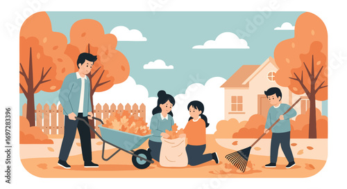 Adobe illustrator artwork vector illustration. A family-father, mother, and child-happily rakes and collects autumn leaves in their yard. A beautiful scene of seasonal outdoor chores
