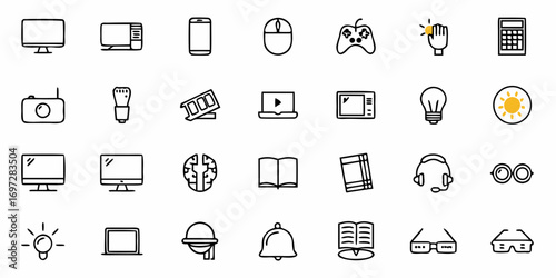Collection of various electronic devices and office supplies in a simple line art style design icon set