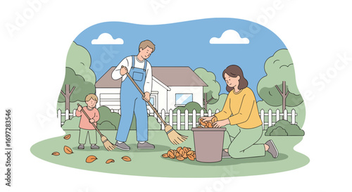 Adobe illustrator artwork vector illustration. A family-father, mother, and child-happily rakes and collects autumn leaves in their yard. A beautiful scene of seasonal outdoor chores