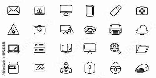 Collection of outlined computer and office icons including email, laptop, phone, and cloud symbol