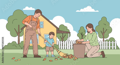 Adobe illustrator artwork vector illustration. A family-father, mother, and child-happily rakes and collects autumn leaves in their yard. A beautiful scene of seasonal outdoor chores