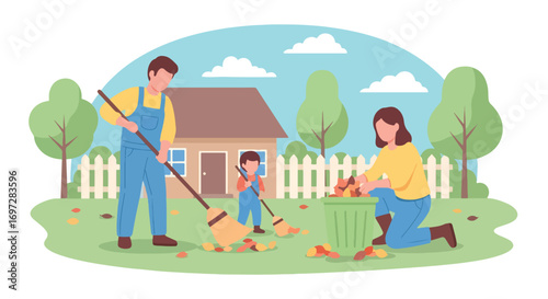 Adobe illustrator artwork vector illustration. A family-father, mother, and child-happily rakes and collects autumn leaves in their yard. A beautiful scene of seasonal outdoor chores