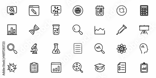 Collection of science and research icons including lab equipment, data analysis, and learning symbols shown