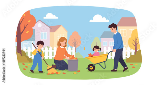 Adobe illustrator artwork vector illustration. A family-father, mother, and child-happily rakes and collects autumn leaves in their yard. A beautiful scene of seasonal outdoor chores
