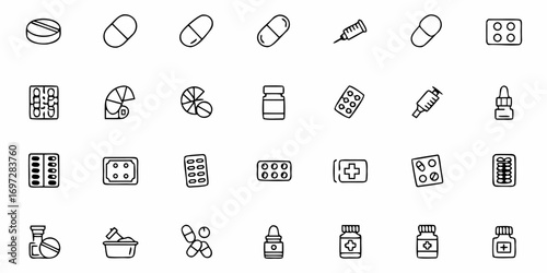 Illustration of various medical supplies including pills capsules and syringes in a simple line art style