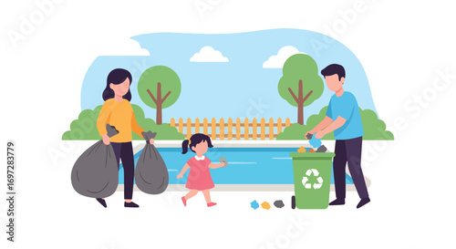 Adobe illustrator artwork vector illustration. A family-father, mother, and child-recycles waste together in their backyard. A positive depiction of environmental responsibility