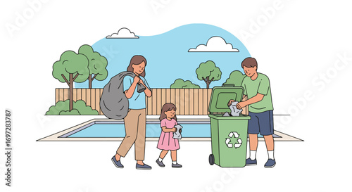 Adobe illustrator artwork vector illustration. A family-father, mother, and child-recycles waste together in their backyard. A positive depiction of environmental responsibility
