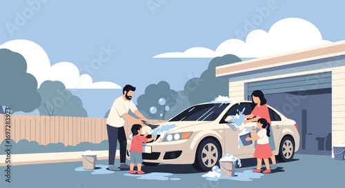 Adobe illustrator artwork vector illustration. A joyful family-parents and two children-washes their car together in the driveway. A heartwarming scene of teamwork, outdoor fun, and family bonding