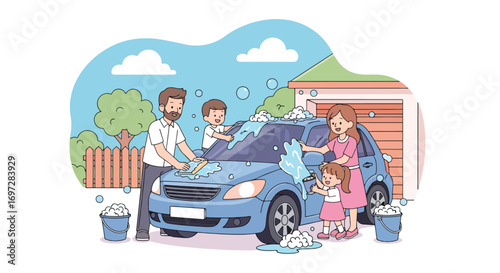 Adobe illustrator artwork vector illustration. A joyful family-parents and two children-washes their car together in the driveway. A heartwarming scene of teamwork, outdoor fun, and family bonding