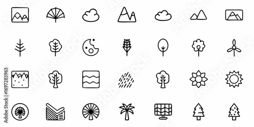 Collection of various nature themed doodle icons including landscapes trees flowers and weather elements set in rows