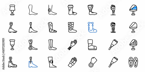 Illustration of an assortment of prosthetic limbs and assistive devices in a line art style