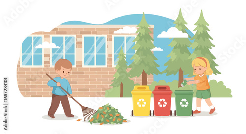 Adobe illustrator artwork vector illustration. A responsible boy and girl are engaged in outdoor clean-up, with the girl raking leaves and the boy sorting recycling into colored bins