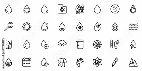 Line art icons displaying water drops, weather, science, and measurement symbols in a grid format