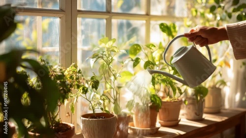 Person waters indoor plants lined up on a shelf by a sunny window
