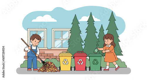 Adobe illustrator artwork vector illustration. A responsible boy and girl are engaged in outdoor clean-up, with the girl raking leaves and the boy sorting recycling into colored bins