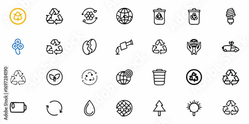 Collection of environmental and recycling icons featuring recycling symbols, globes, and energy saving items