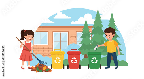 Adobe illustrator artwork vector illustration. A responsible boy and girl are engaged in outdoor clean-up, with the girl raking leaves and the boy sorting recycling into colored bins