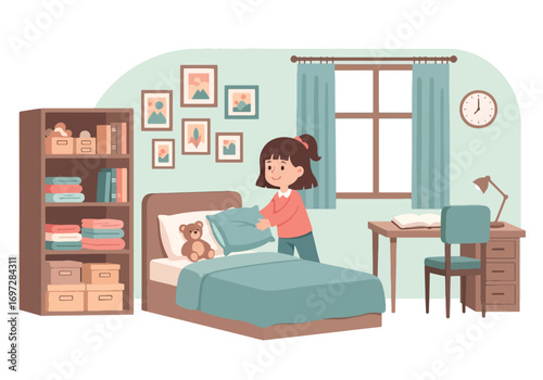 Adobe illustrator artwork vector illustration. A diligent young girl is making her bed in a tidy and cozy bedroom, demonstrating responsibility and neatness in her daily routine
