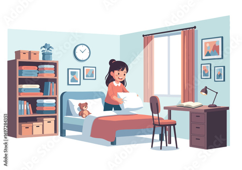 Adobe illustrator artwork vector illustration. A diligent young girl is making her bed in a tidy and cozy bedroom, demonstrating responsibility and neatness in her daily routine