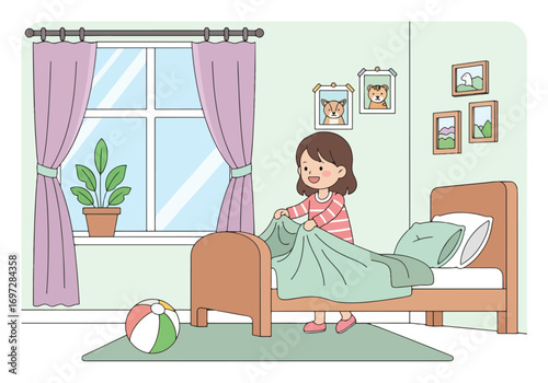 Adobe illustrator artwork vector illustration. A diligent young girl is making her bed in a tidy and cozy bedroom, demonstrating responsibility and neatness in her daily routine