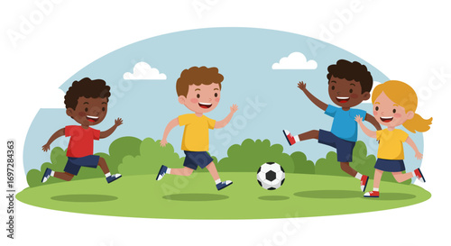 Energetic Children Enjoying a Playful Race in a Vibrant Outdoor Setting