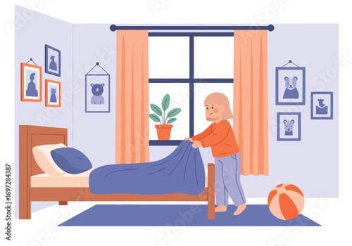 Adobe illustrator artwork vector illustration. A diligent young girl is making her bed in a tidy and cozy bedroom, demonstrating responsibility and neatness in her daily routine