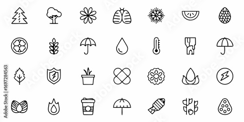 Collection of security icons showing shields locks keys and other safety related symbols in black outline