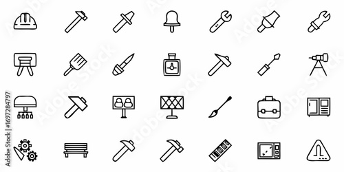 Illustration showing a variety of tools and equipment in a simple line drawing style on a white background