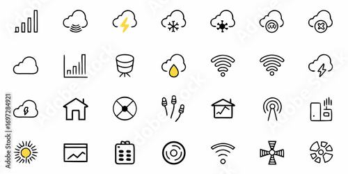 Collection of office icons including documents, folders, pencils, calculator and computer screens icons of work 100