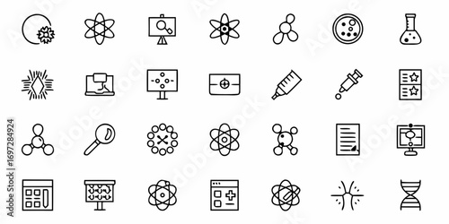 Illustration of science and technology icons including atoms dna and laboratory equipment in black outline