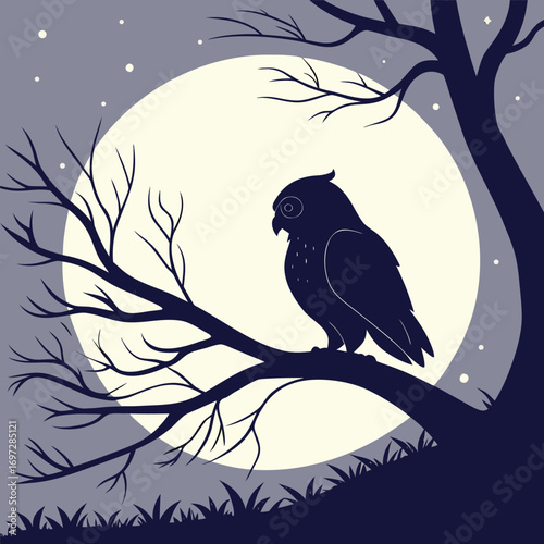 Abstract Owl Silhouette Against Full Moon