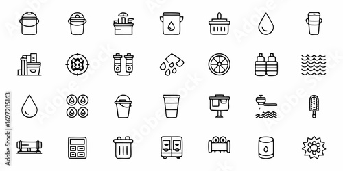 Collection of water related icons featuring buckets, filters, and various water sources in a grid layout