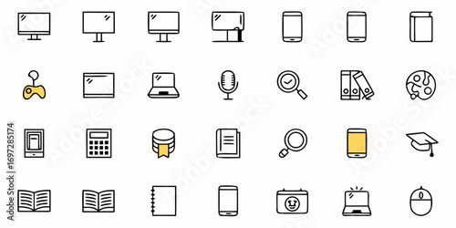 Illustration of various technology and academic icons including computer and books and other study material