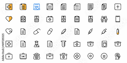 Collection of medical themed icons including heart, documents, syringe, pills, and first aid kit icons