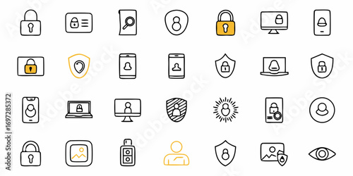 Collection of security icons including locks shields and devices representing data protection and user privacy