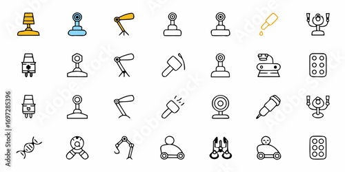Illustration of various robotic and technological elements arranged in a grid like pattern on a white backdrop