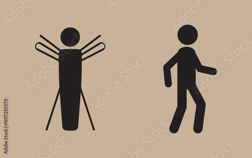 Two stick figures one standing still and one walking