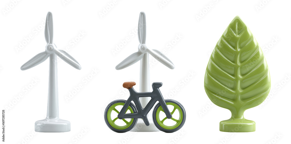 Fototapeta premium Eco-Friendly Icons: Wind Turbine, Bicycle, Leaf Symbolizing Sustainability