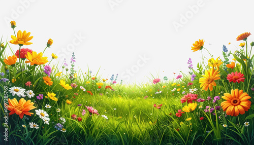 Lush spring field of beautiful flowers in grass with generous copy space isolated on white background for text