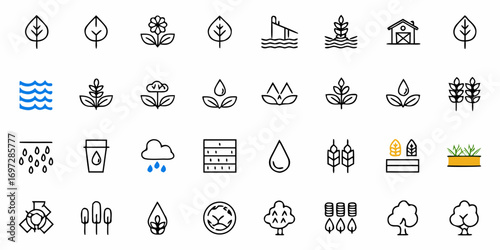 Collection of nature and agriculture themed icons including leaves water and crops arranged in rows
