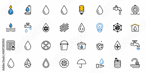 Collection of water related icons including water drops, faucets, and other water related symbols design