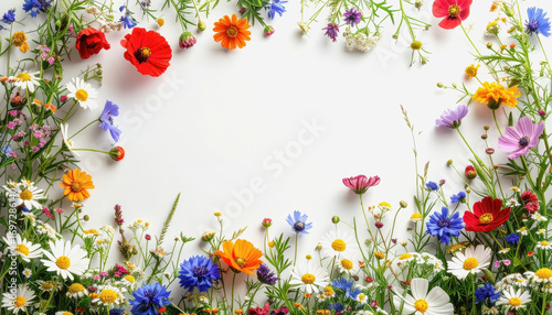 Lush flower border featuring different wildflowers with ample copy space isolated on a white background for use