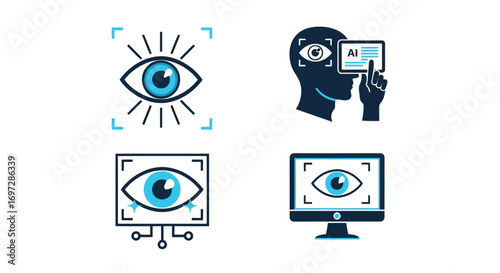 Vector illustration of collection of four icons related to eye tracking, artificial intelligence, and surveillance technology