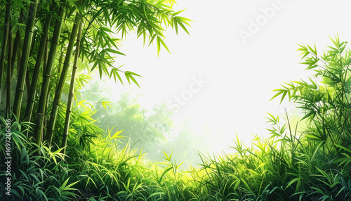 Bamboo trees surrounded by lush green grass creating a serene environment with copy space for text