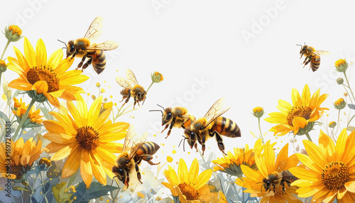 Bees collecting nectar from vibrant flowers in a garden setting with copy space for text on white background