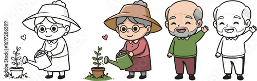 Cute kawaii elderly couple with grandmother watering plant and grandfather waving