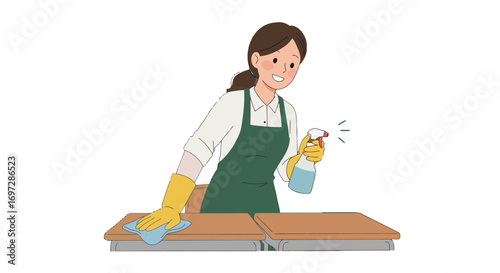 Hand in Yellow Glove Wiping a Wooden Table with a Blue Cloth