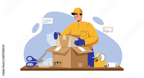 Hand Packing Fragile Items with Bubble Wrap in a Cardboard Box