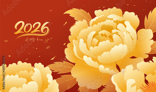 Horizontal New Year celebration illustration of golden and prosperous peonies